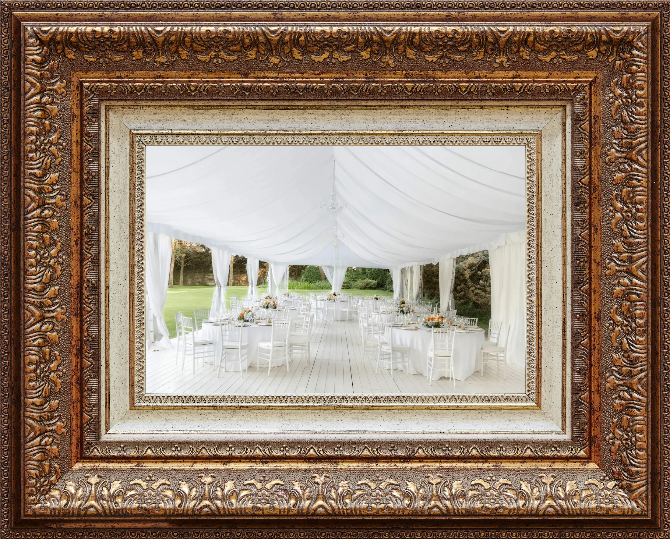 Image of an open marquee decorated in all white furniture and lining