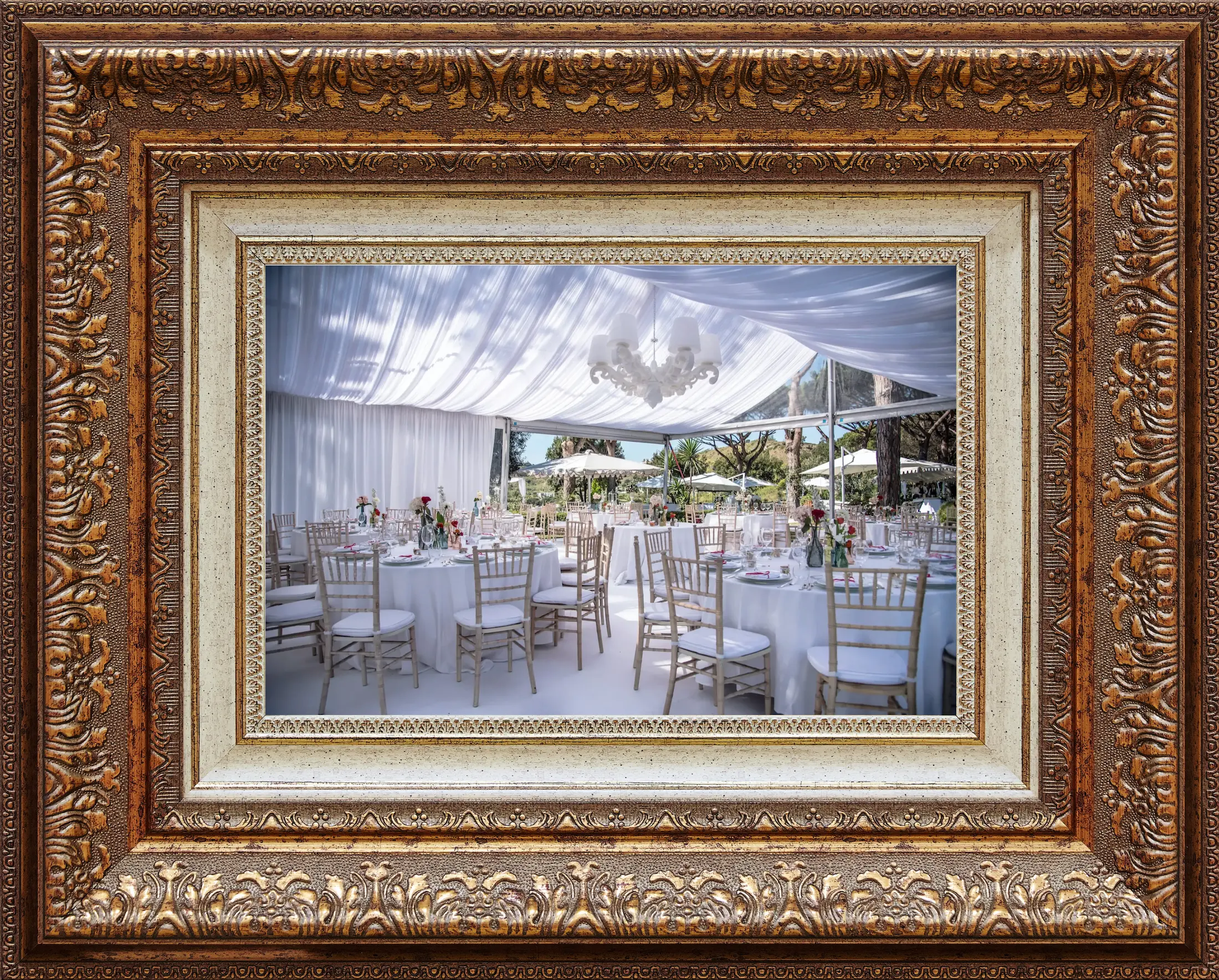 Image of a all white lined and decorated marquee