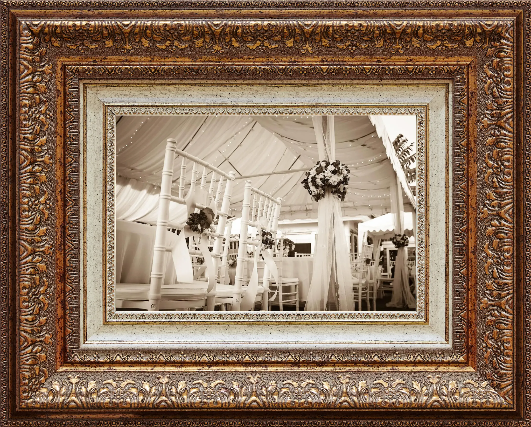 Image of decorated chairs in a marquee